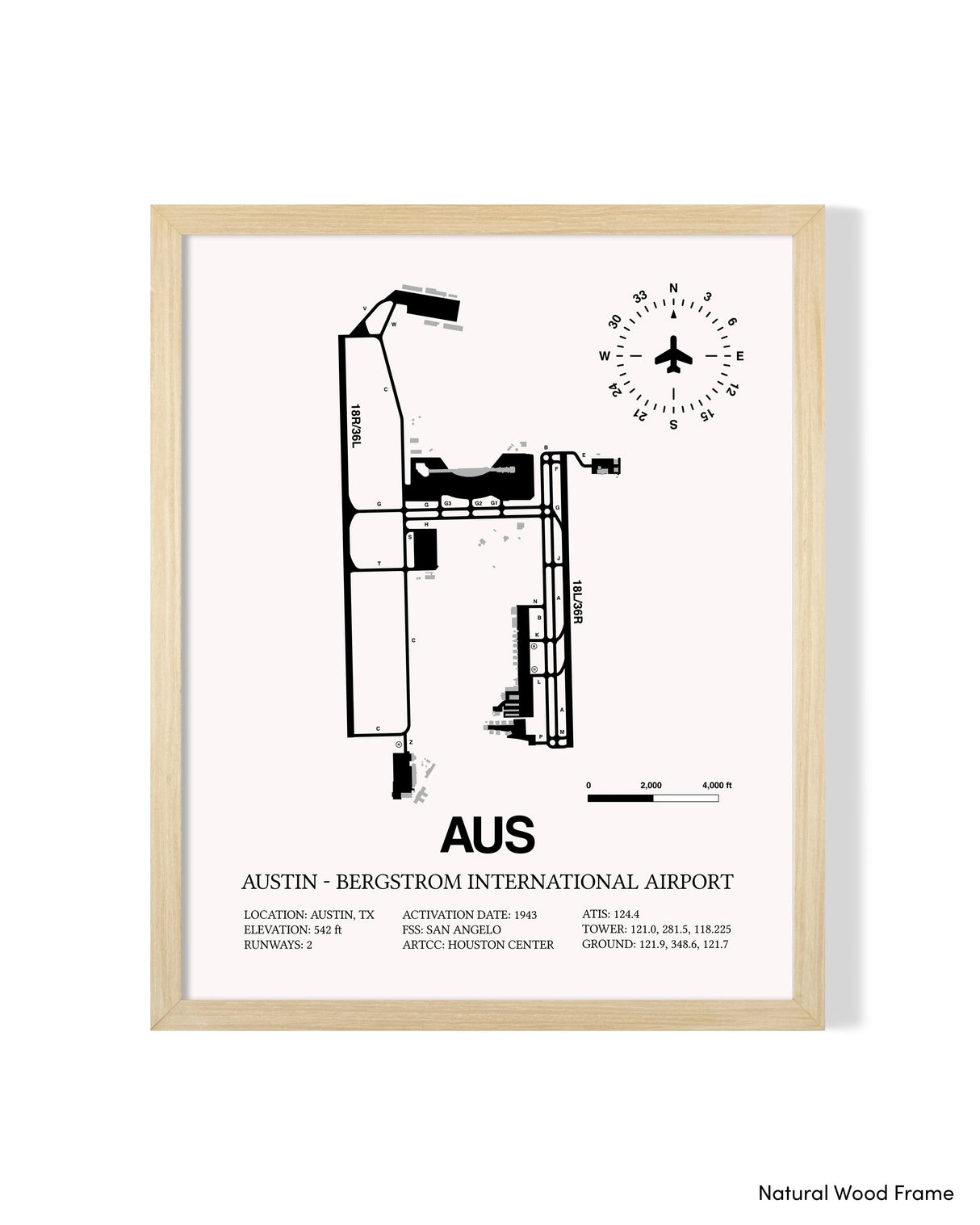 Detailed Airport Map of Austin - Bergstrom International Airport (AUS) in White with a Natural Frame