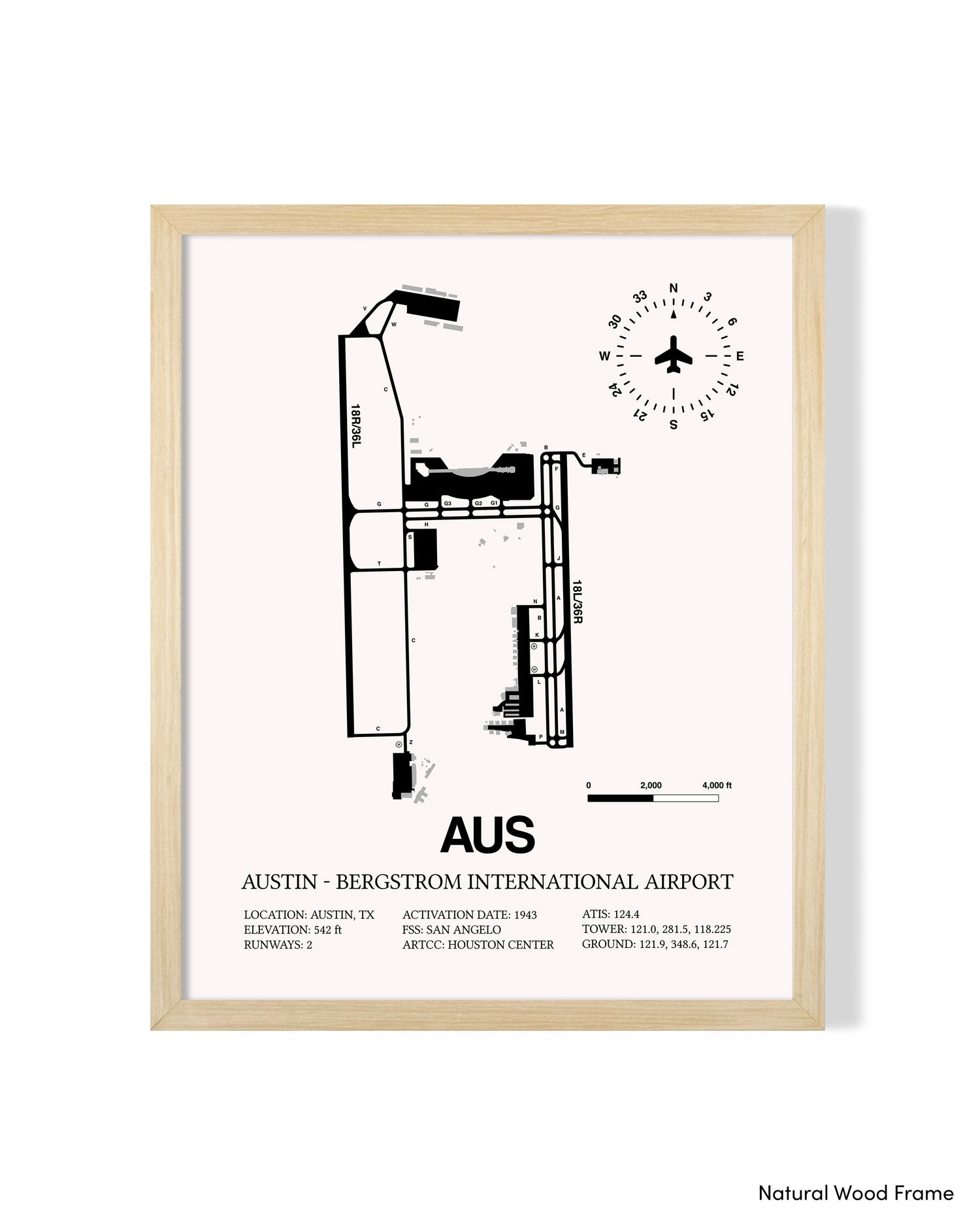 Detailed Airport Map of Austin - Bergstrom International Airport (AUS) in White with a Natural Frame