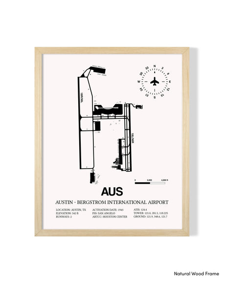 Detailed Airport Map of Austin - Bergstrom International Airport (AUS) in White with a Natural Frame