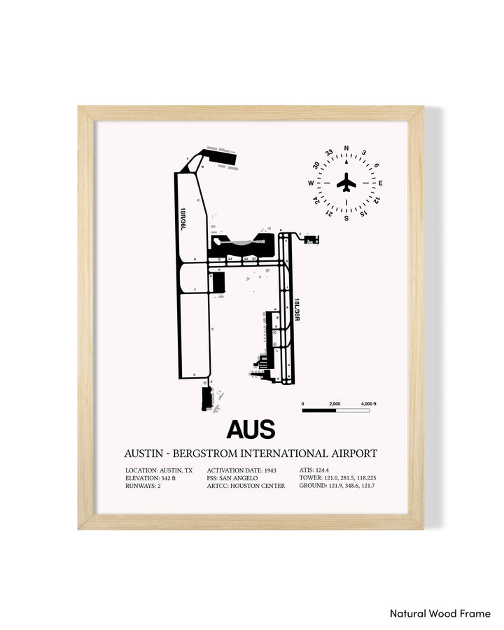 Detailed Airport Map of Austin - Bergstrom International Airport (AUS) in White with a Natural Frame