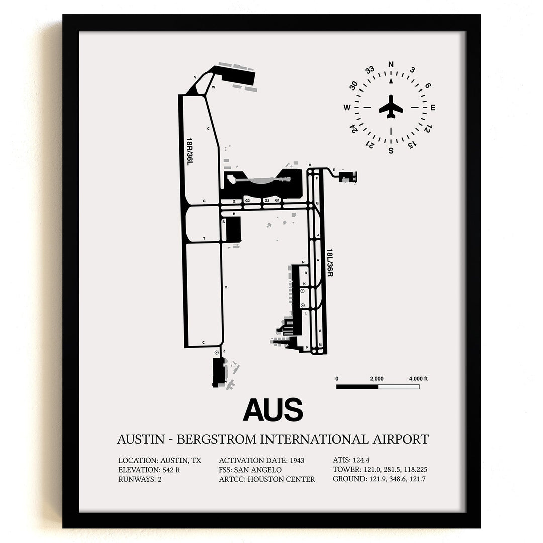 Framed Detailed Airport Map of Austin - Bergstrom International Airport (AUS) in White with a Black Frame