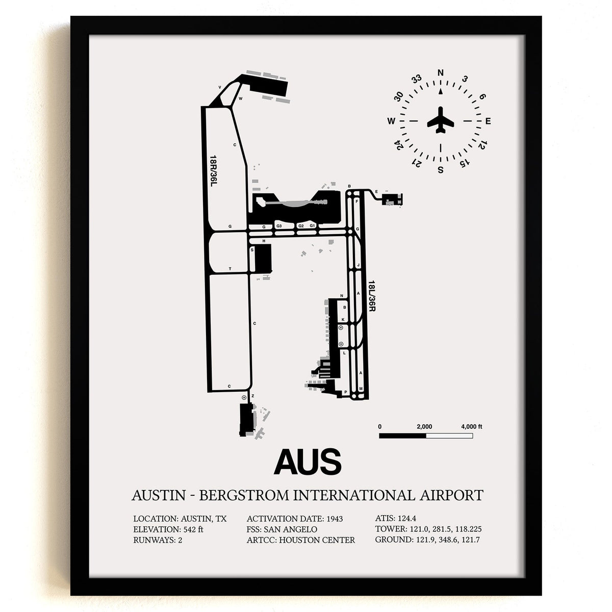 Framed Detailed Airport Map of Austin - Bergstrom International Airport (AUS) in White with a Black Frame