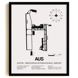 Framed Detailed Airport Map of Austin - Bergstrom International Airport (AUS) in White with a Black Frame