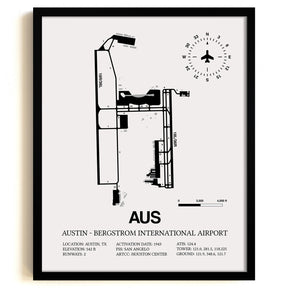Framed Detailed Airport Map of Austin - Bergstrom International Airport (AUS) in White with a Black Frame