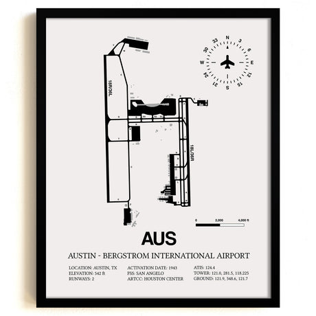 Framed Detailed Airport Map of Austin - Bergstrom International Airport (AUS) in White with a Black Frame