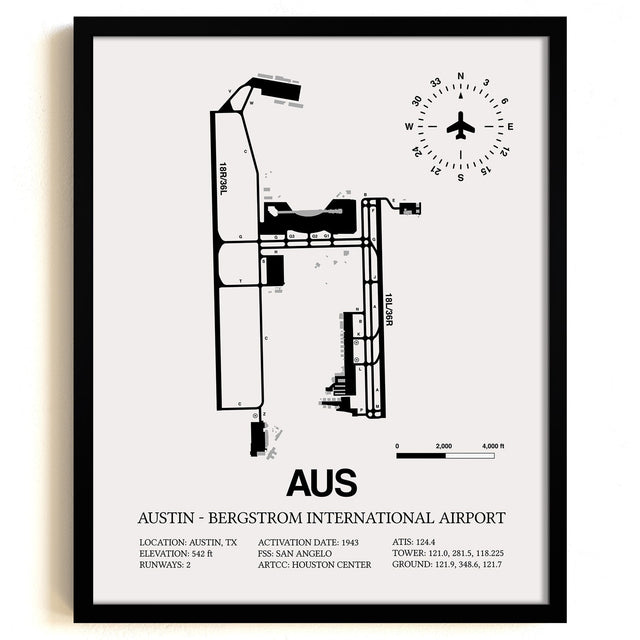 Framed Detailed Airport Map of Austin - Bergstrom International Airport (AUS) in White with a Black Frame