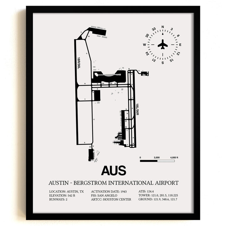Framed Detailed Airport Map of Austin - Bergstrom International Airport (AUS) in White with a Black Frame