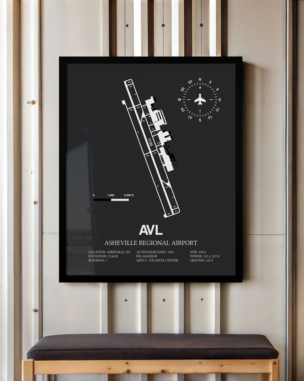 Framed Detailed Airport Map of Asheville Regional Airport (AVL) in Gray with a Black Frame