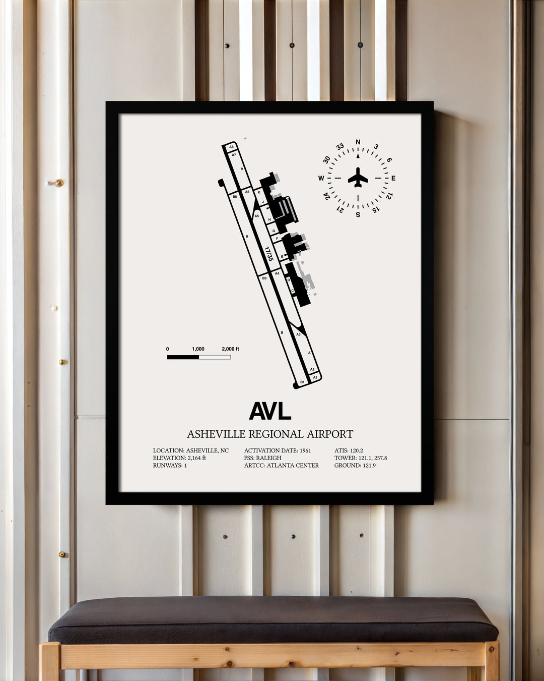 Framed Detailed Airport Map of Asheville Regional Airport (AVL) in White with a Black Frame
