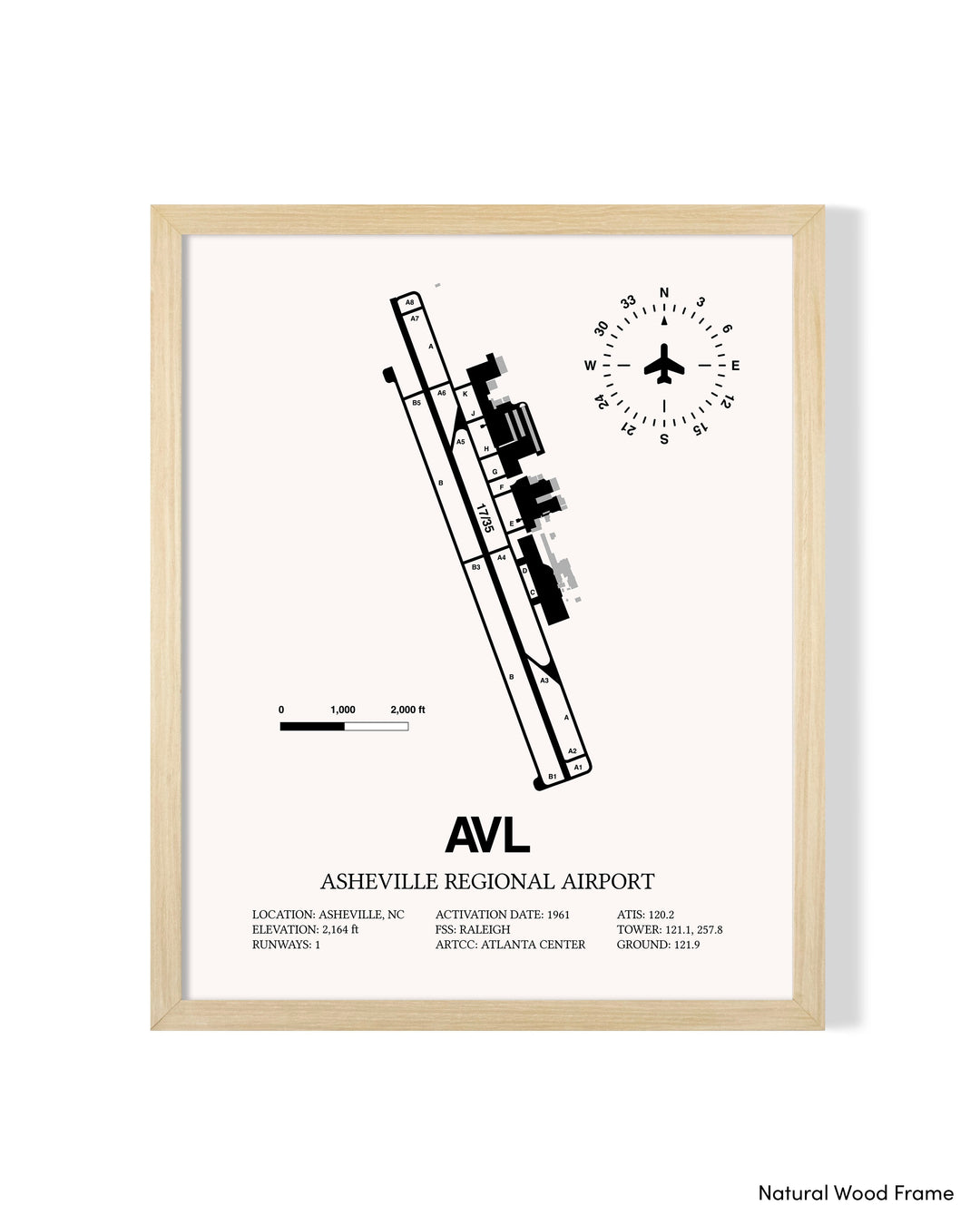 Detailed Airport Map of Asheville Regional Airport (AVL) in White with a Natural Frame
