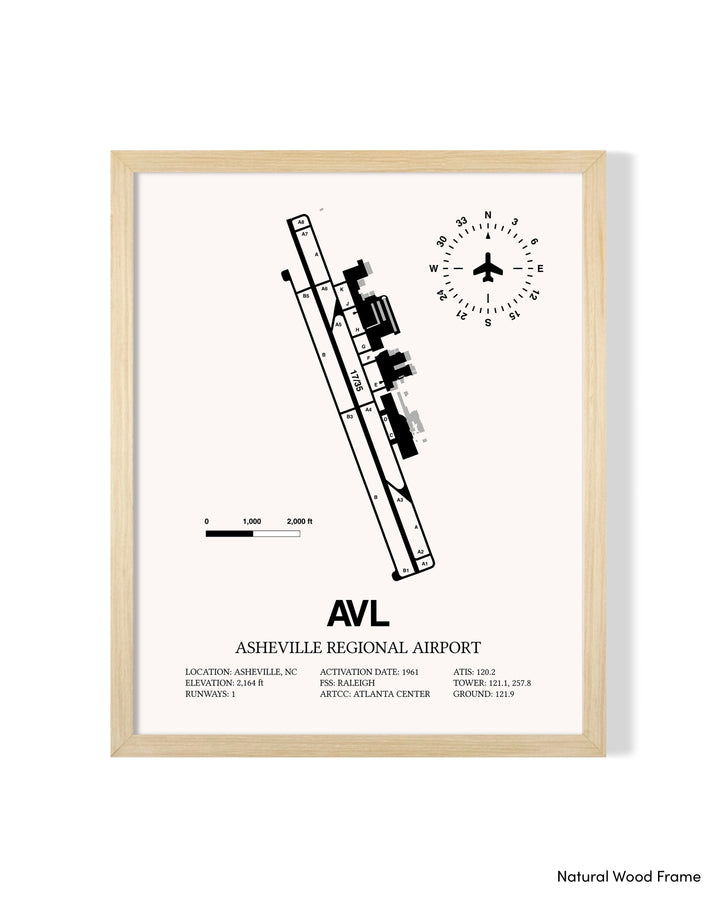 Detailed Airport Map of Asheville Regional Airport (AVL) in White with a Natural Frame