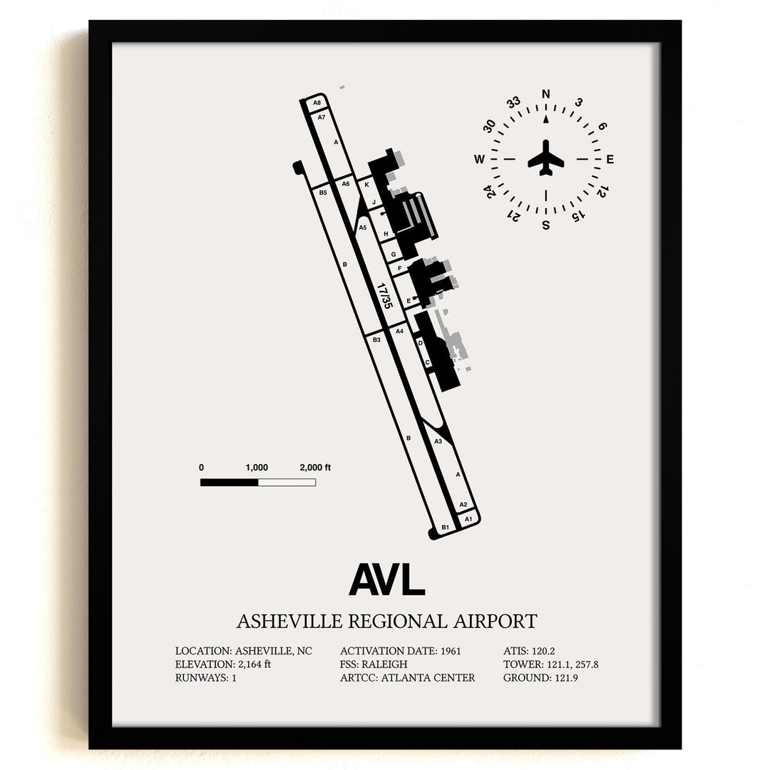 Framed Detailed Airport Map of Asheville Regional Airport (AVL) in White with a Black Frame
