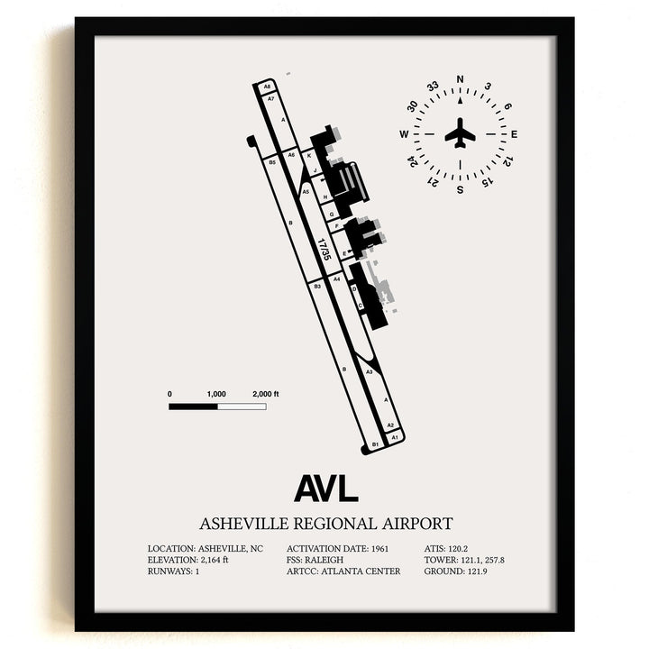 Framed Detailed Airport Map of Asheville Regional Airport (AVL) in White with a Black Frame
