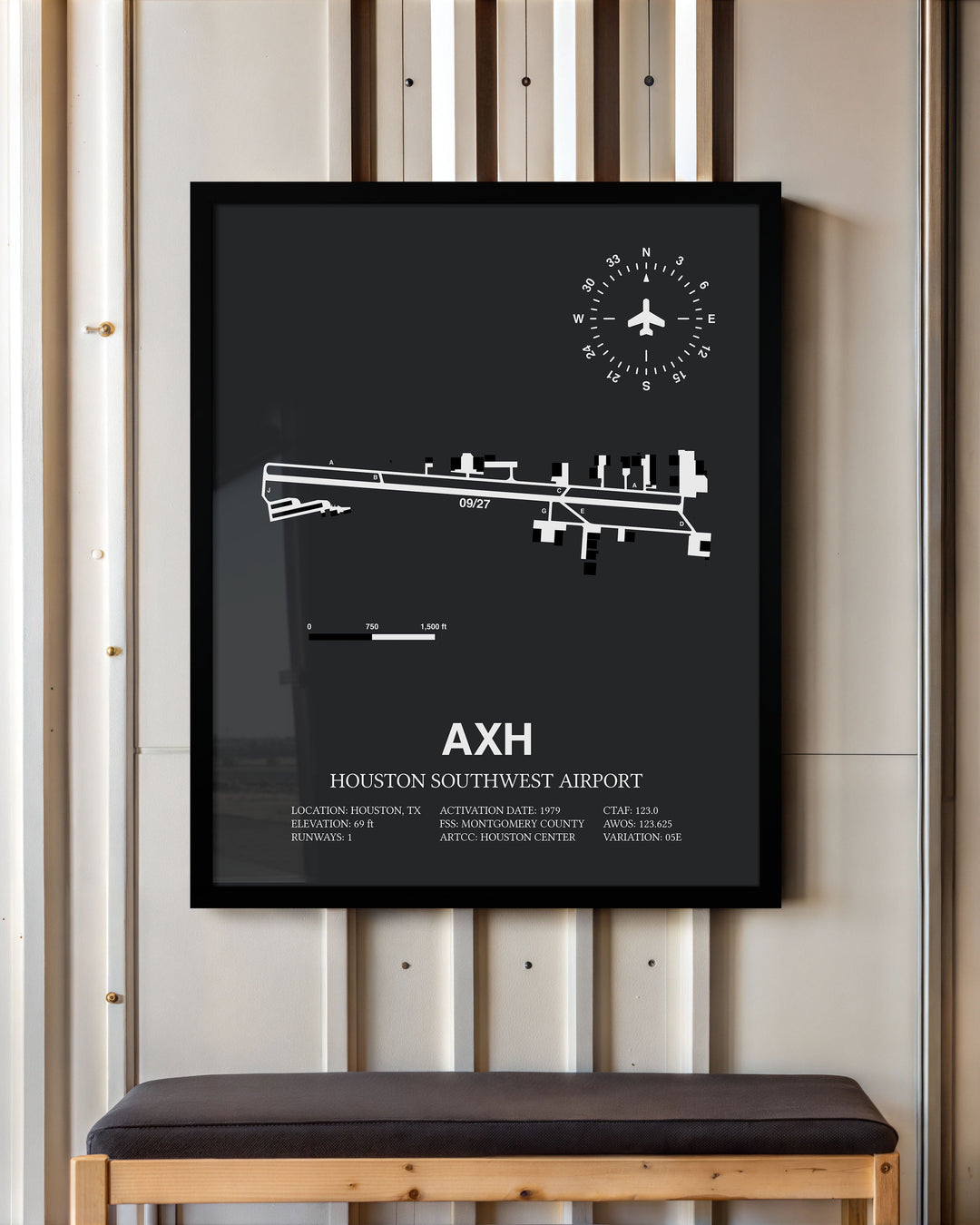 Framed Detailed Airport Map of Houston Southwest Airport (AXH) in Gray with a Black Frame