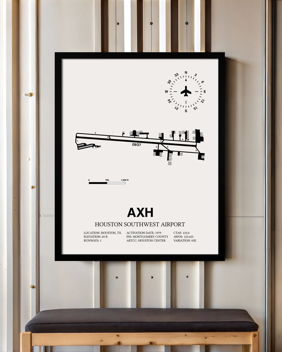 Framed Detailed Airport Map of Houston Southwest Airport (AXH) in White with a Black Frame