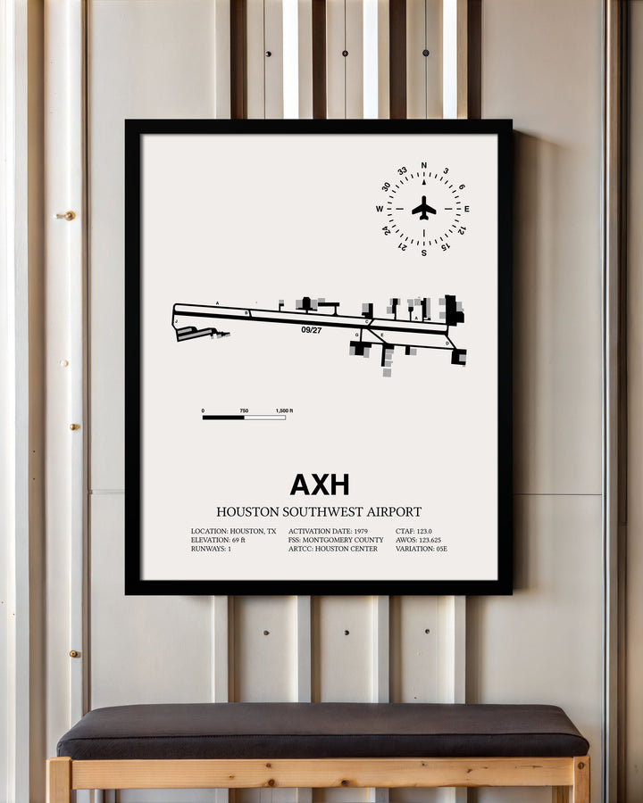 Framed Detailed Airport Map of Houston Southwest Airport (AXH) in White with a Black Frame