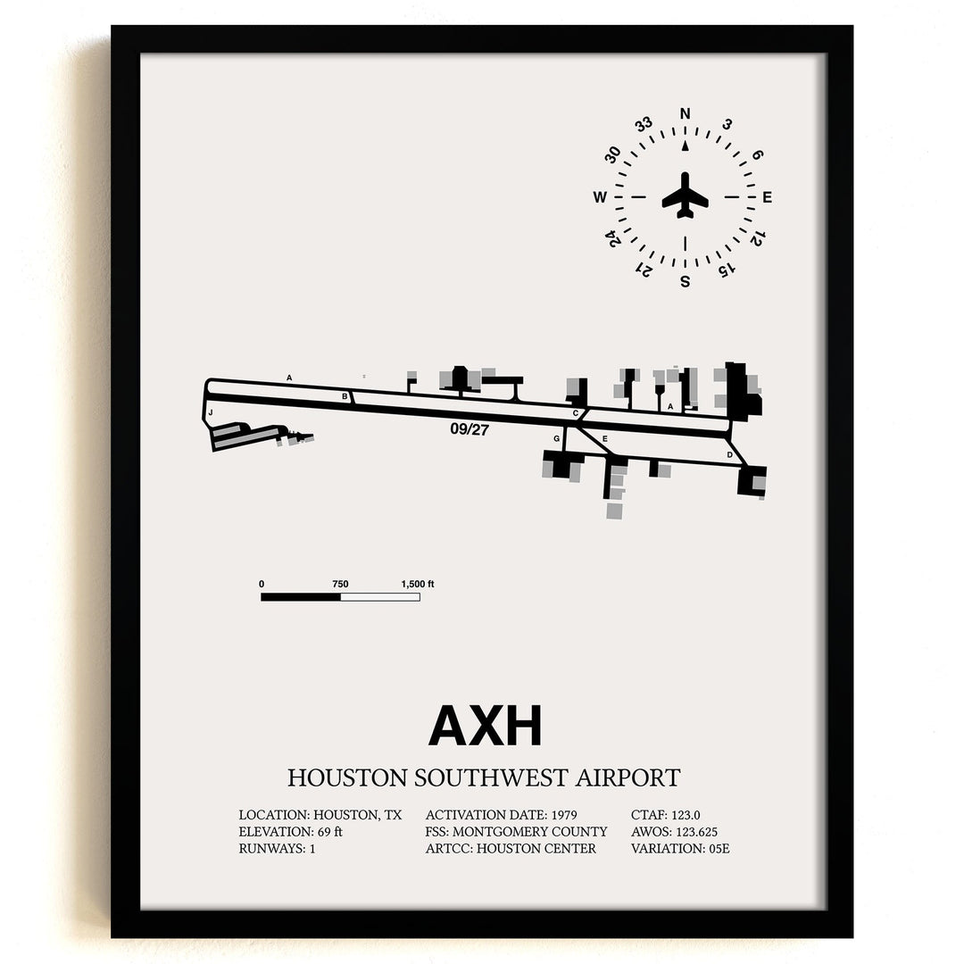 Framed Detailed Airport Map of Houston Southwest Airport (AXH) in White with a Black Frame