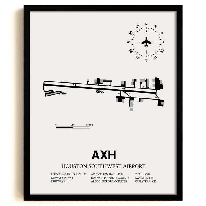Framed Detailed Airport Map of Houston Southwest Airport (AXH) in White with a Black Frame