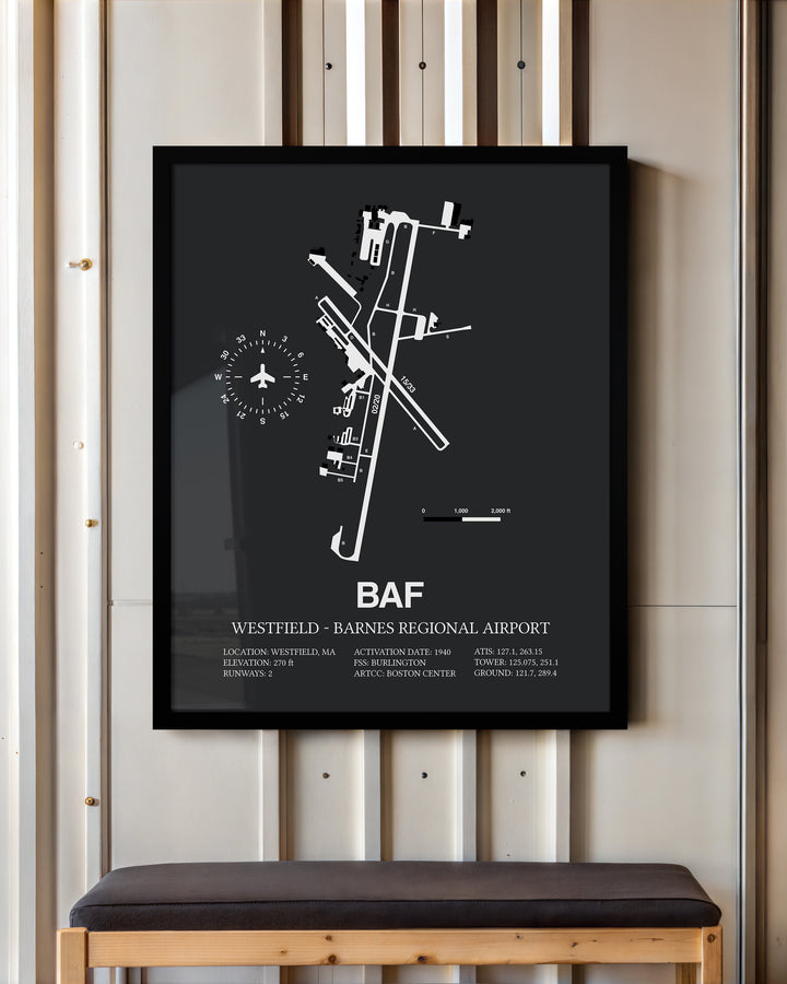 Framed Detailed Airport Map of Westfield-Barnes Regional Airport (BAF) in Gray with a Black Frame