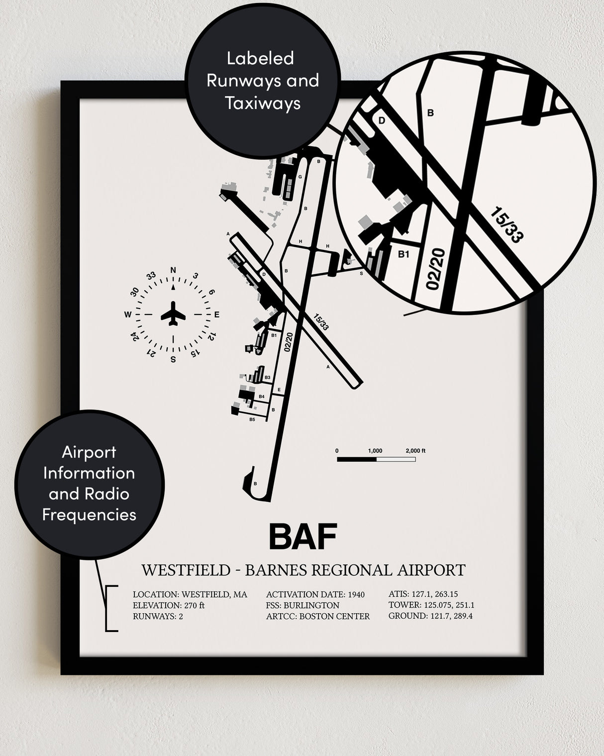 Framed Detailed Airport Map of Westfield-Barnes Regional Airport (BAF) in White with a Black Frame
