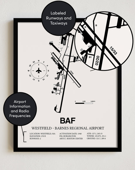 Framed Detailed Airport Map of Westfield-Barnes Regional Airport (BAF) in White with a Black Frame