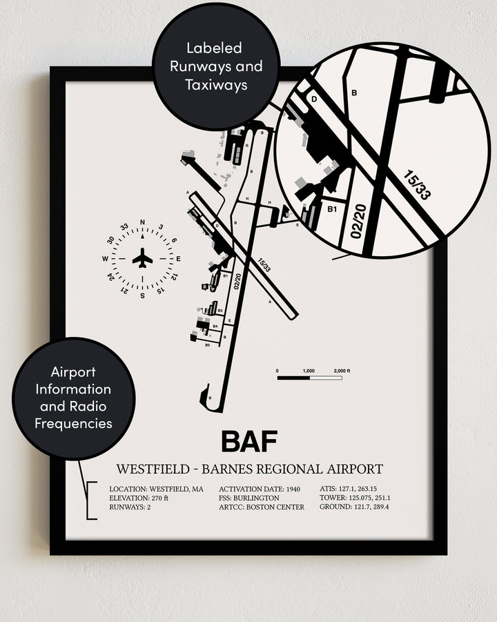 Framed Detailed Airport Map of Westfield-Barnes Regional Airport (BAF) in White with a Black Frame