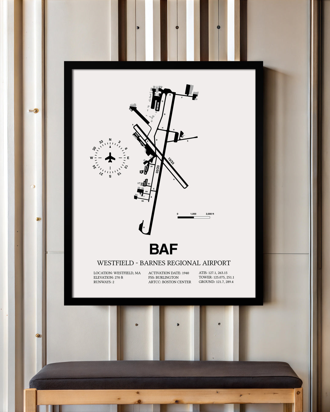 Framed Detailed Airport Map of Westfield-Barnes Regional Airport (BAF) in White with a Black Frame