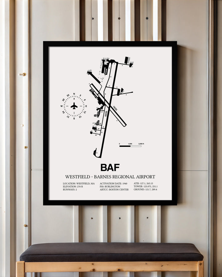 Framed Detailed Airport Map of Westfield-Barnes Regional Airport (BAF) in White with a Black Frame