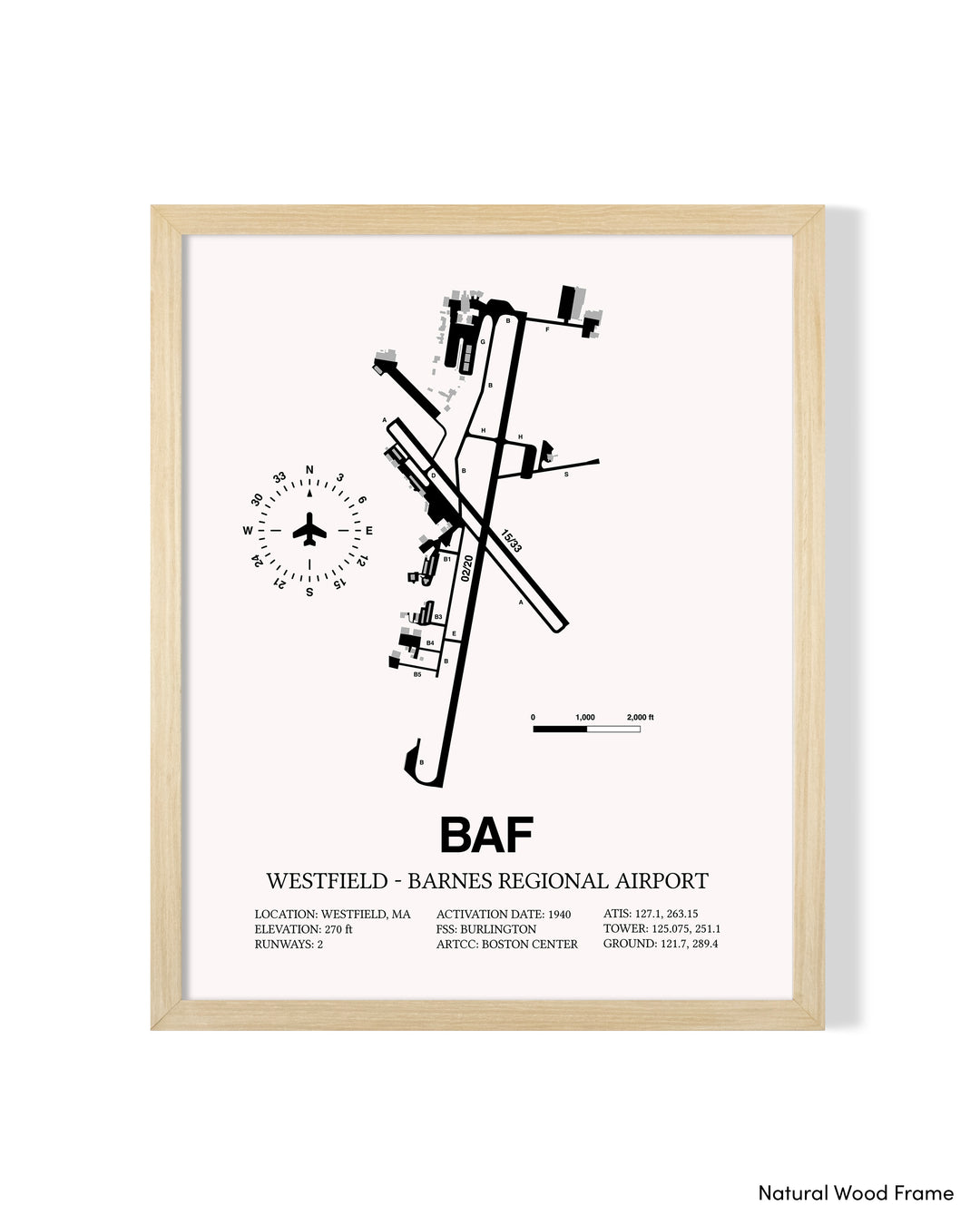 Detailed Airport Map of Westfield-Barnes Regional Airport (BAF) in White with a Natural Frame