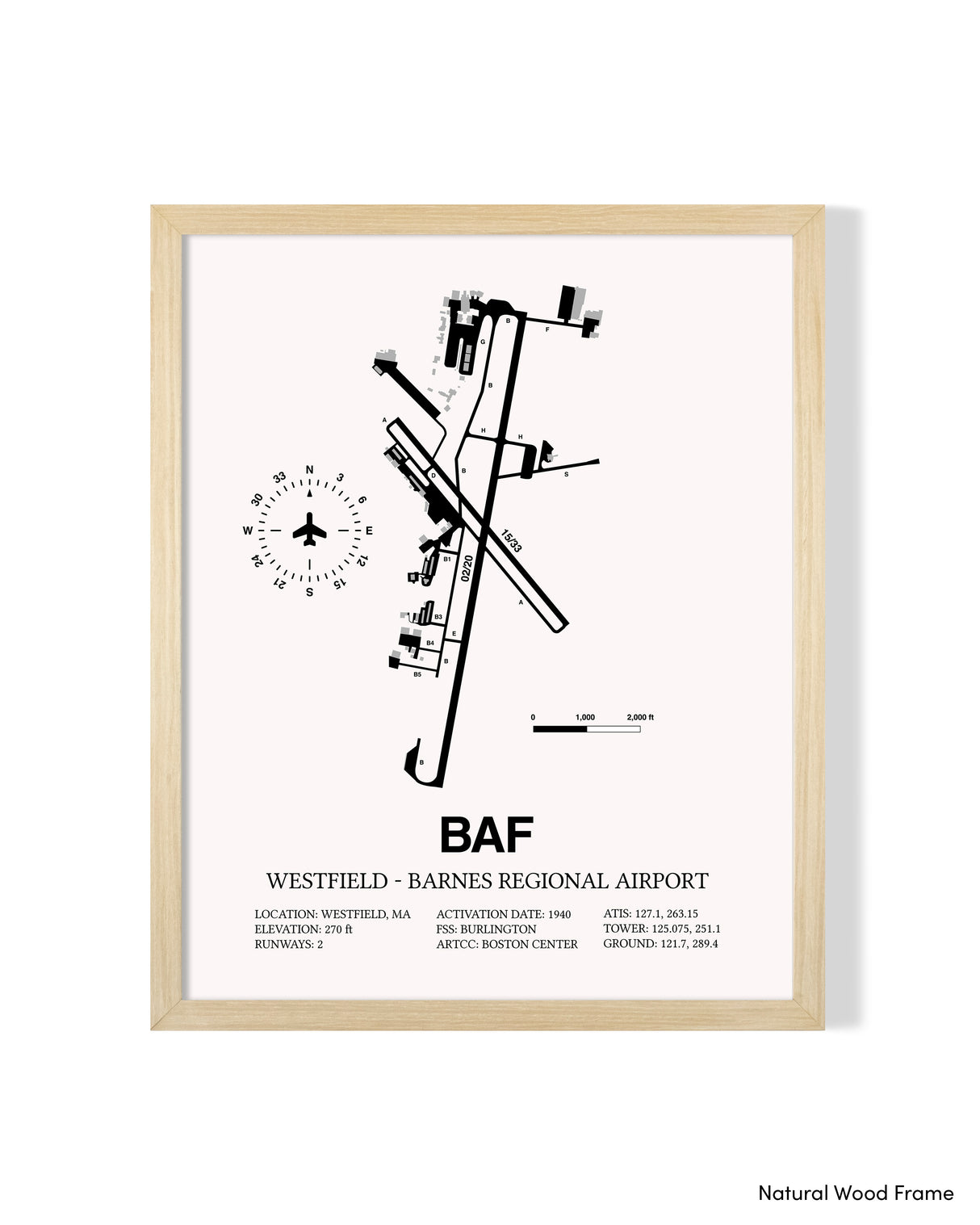 Detailed Airport Map of Westfield-Barnes Regional Airport (BAF) in White with a Natural Frame