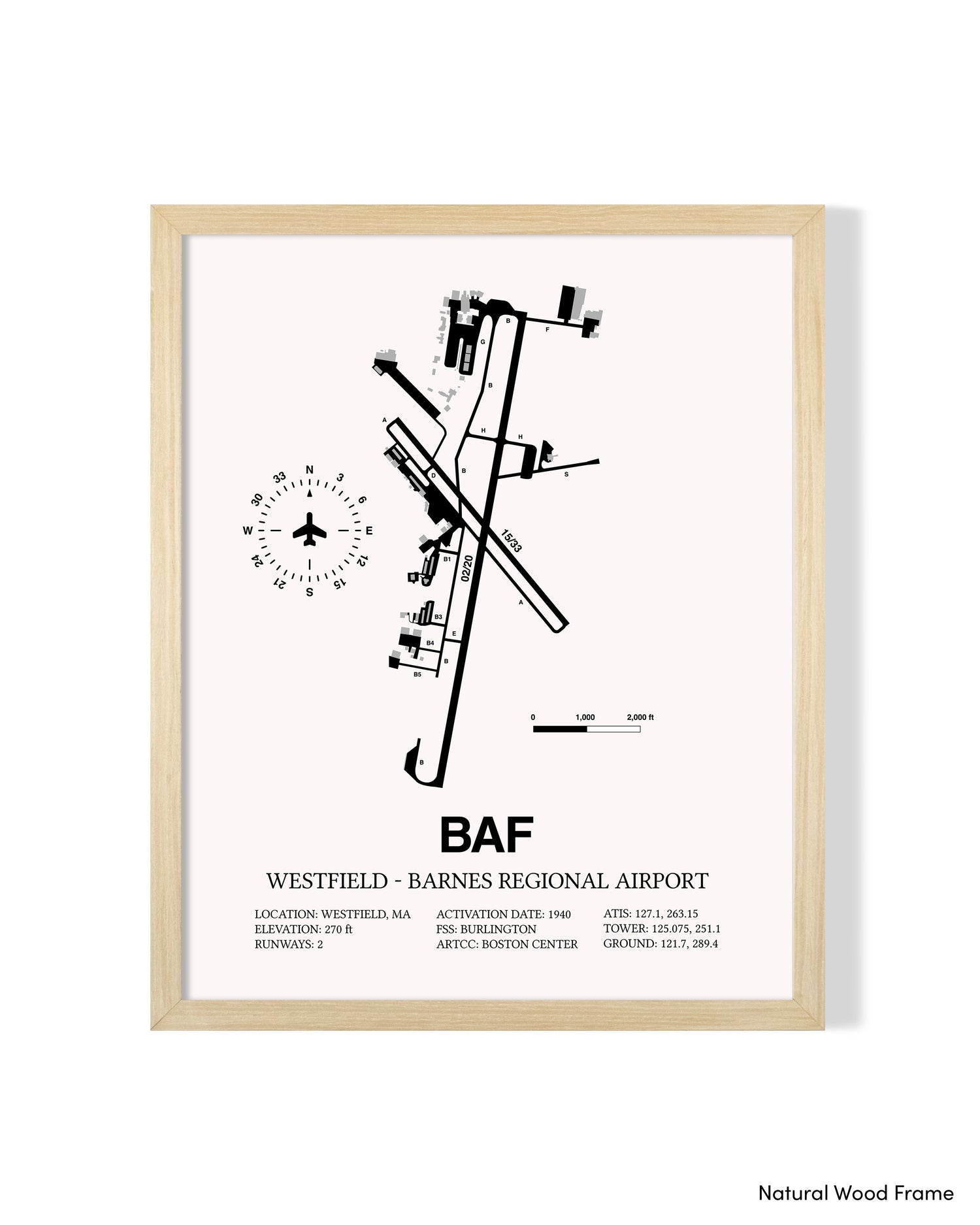 Detailed Airport Map of Westfield-Barnes Regional Airport (BAF) in White with a Natural Frame