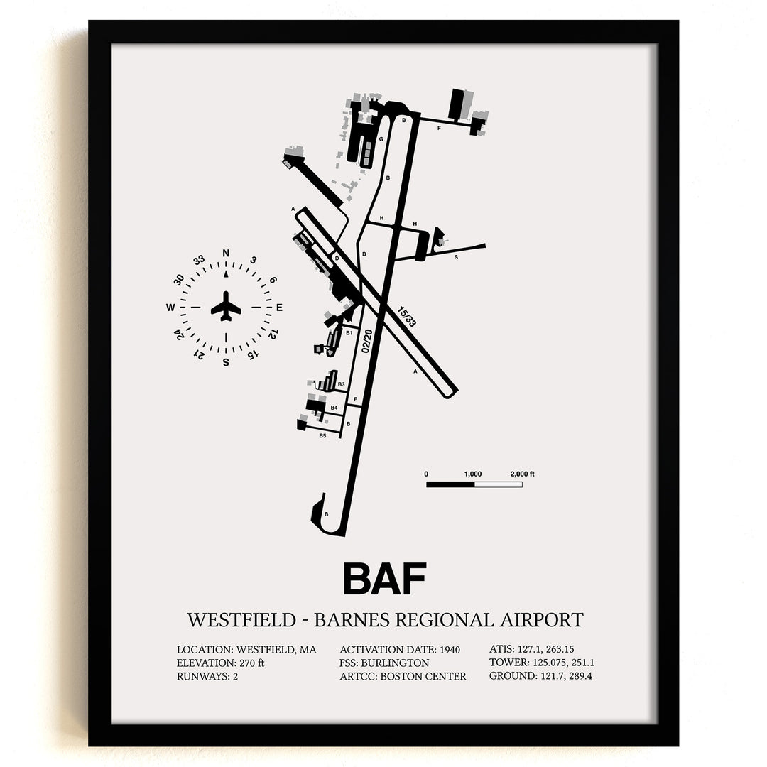 Framed Detailed Airport Map of Westfield-Barnes Regional Airport (BAF) in White with a Black Frame