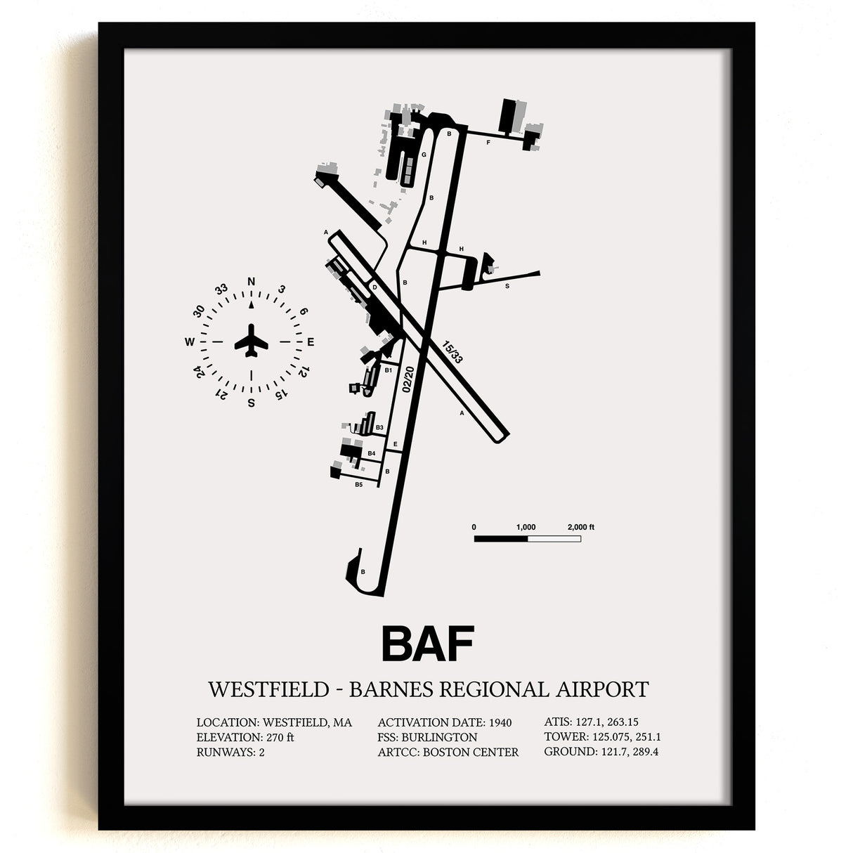 Framed Detailed Airport Map of Westfield-Barnes Regional Airport (BAF) in White with a Black Frame