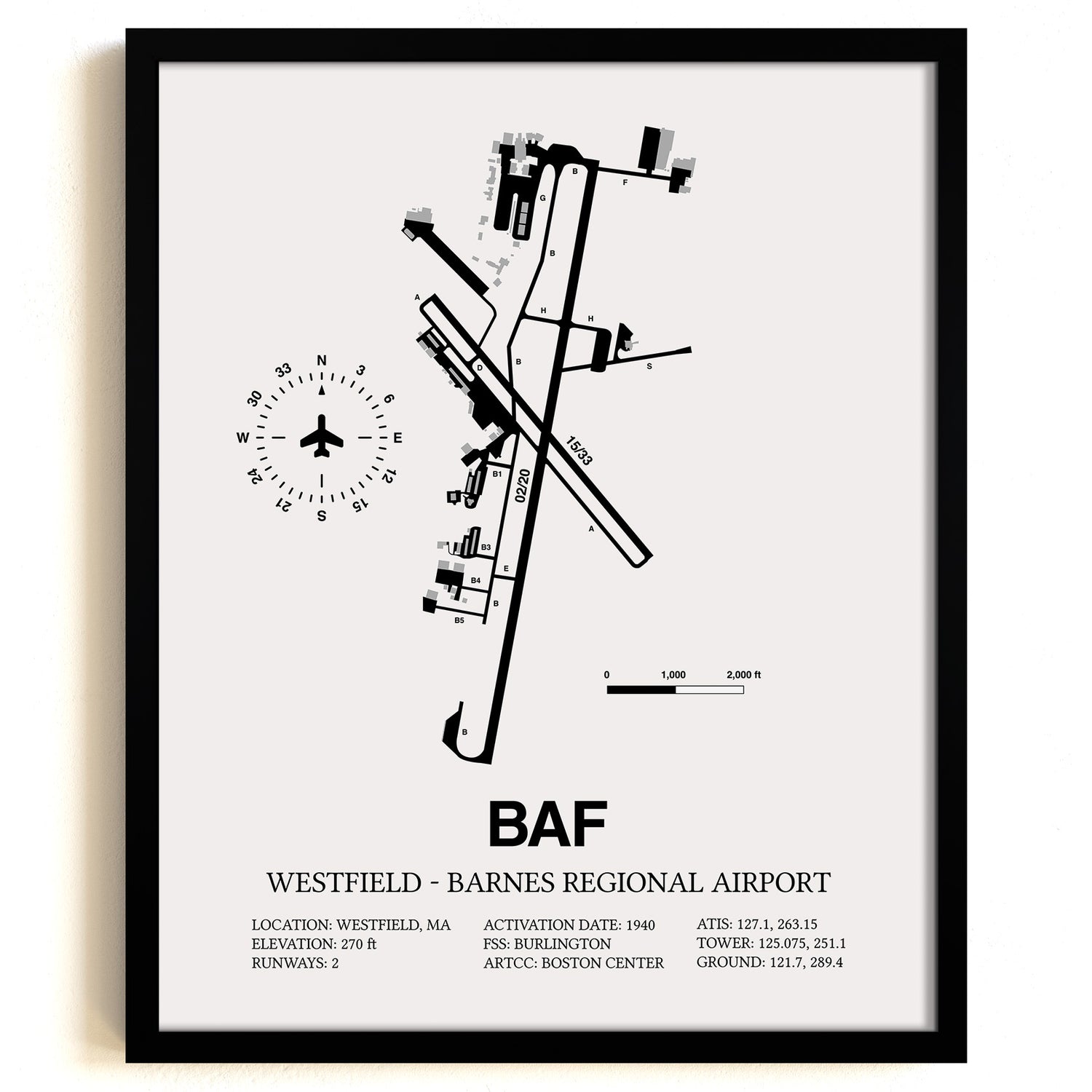 Framed Detailed Airport Map of Westfield-Barnes Regional Airport (BAF) in White with a Black Frame