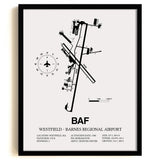 Framed Detailed Airport Map of Westfield-Barnes Regional Airport (BAF) in White with a Black Frame