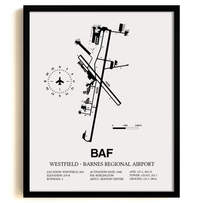 Framed Detailed Airport Map of Westfield-Barnes Regional Airport (BAF) in White with a Black Frame