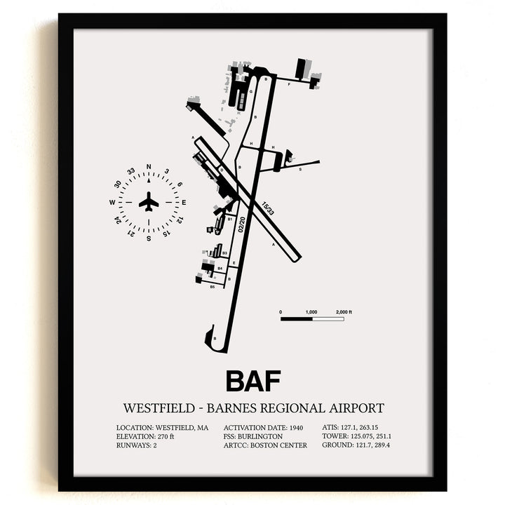 Framed Detailed Airport Map of Westfield-Barnes Regional Airport (BAF) in White with a Black Frame