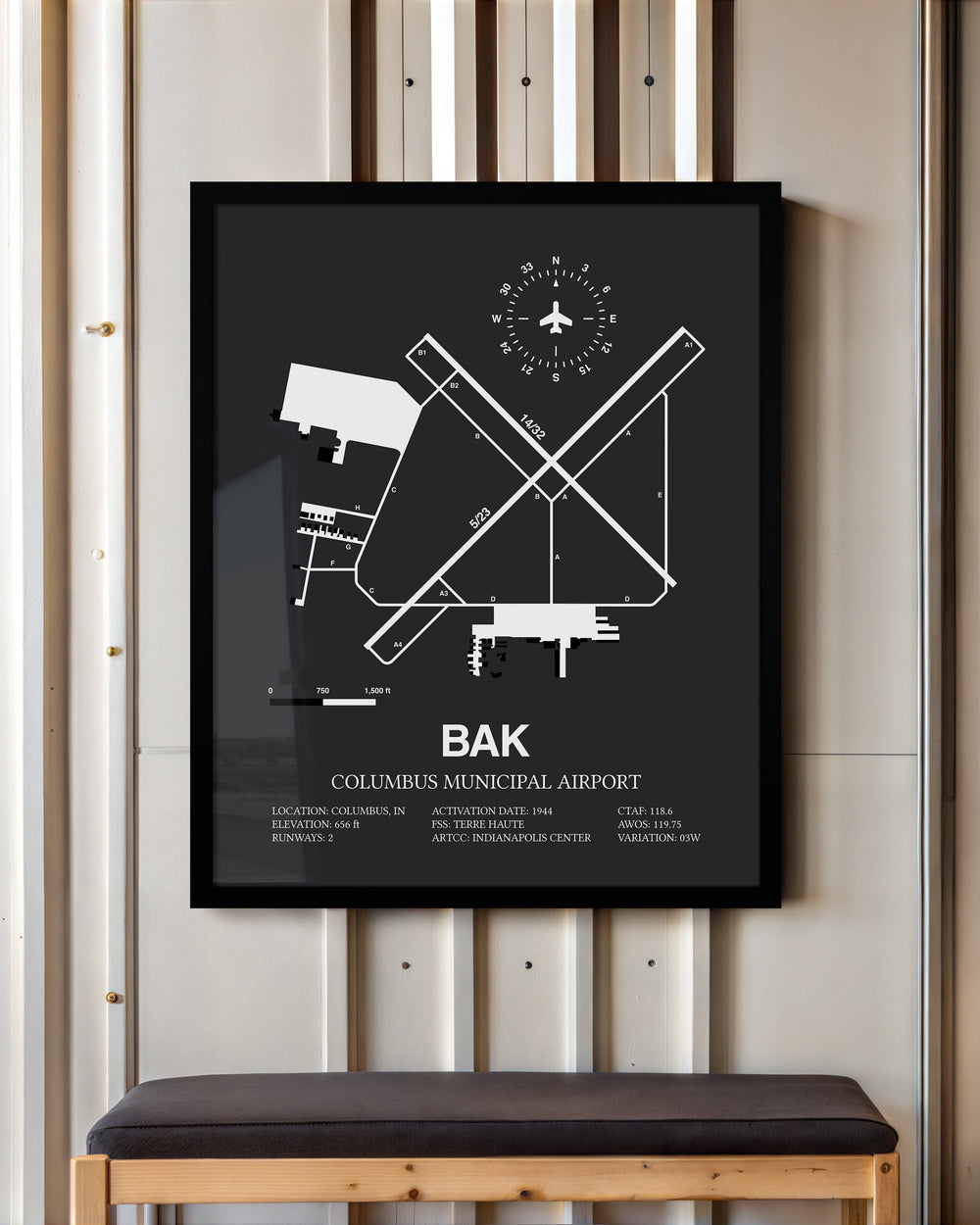 Framed Detailed Airport Map of Columbus Municipal Airport (BAK) in Gray with a Black Frame