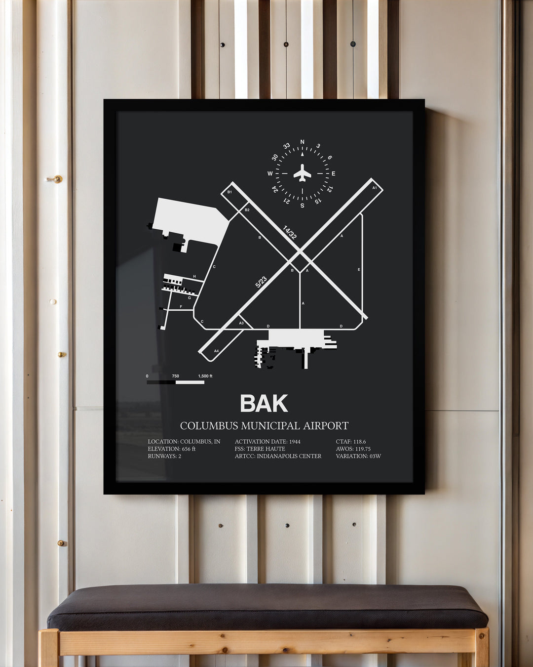 Framed Detailed Airport Map of Columbus Municipal Airport (BAK) in Gray with a Black Frame