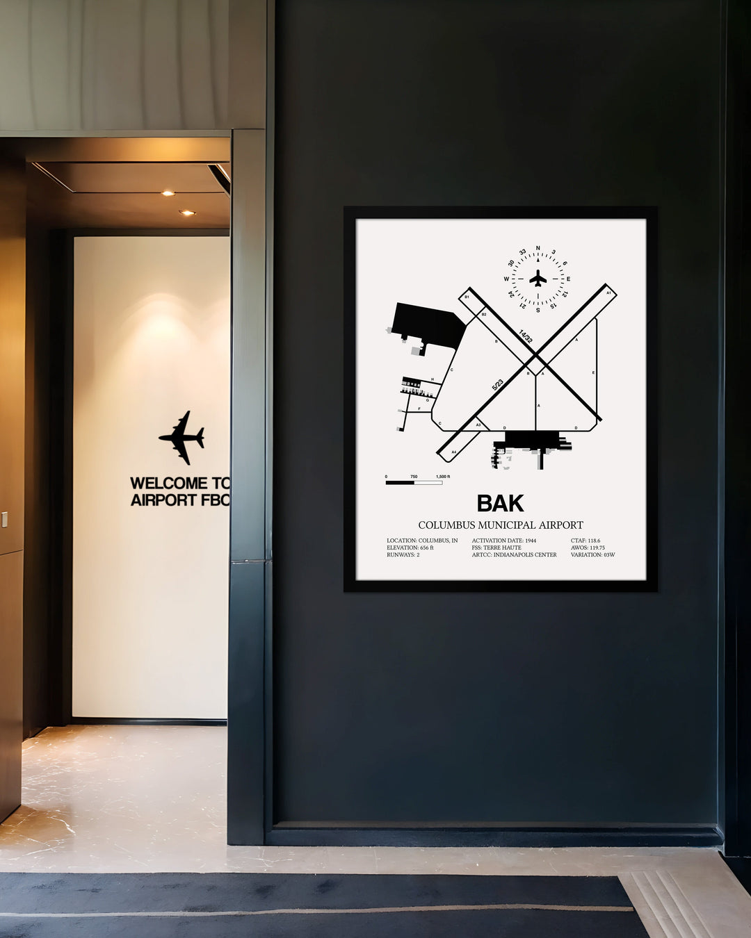 Framed Detailed Airport Map of Columbus Municipal Airport (BAK) in White with a Black Frame