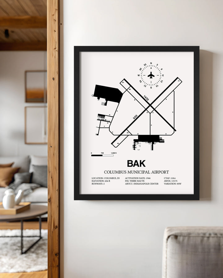 Framed Detailed Airport Map of Columbus Municipal Airport (BAK) in White with a Black Frame