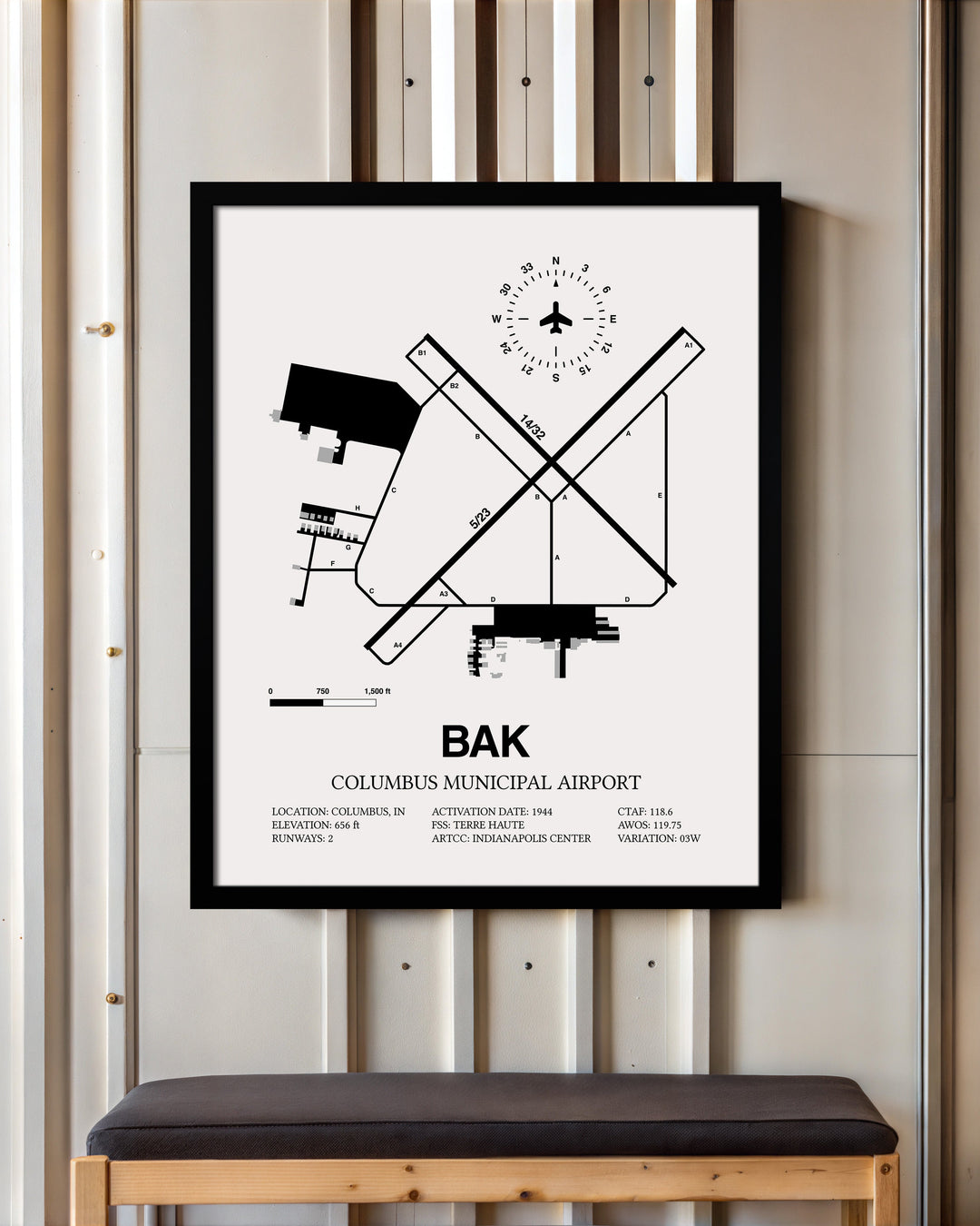Framed Detailed Airport Map of Columbus Municipal Airport (BAK) in White with a Black Frame