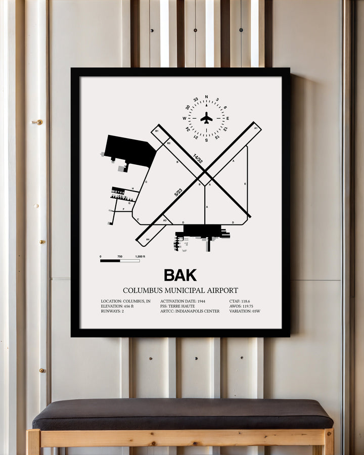 Framed Detailed Airport Map of Columbus Municipal Airport (BAK) in White with a Black Frame