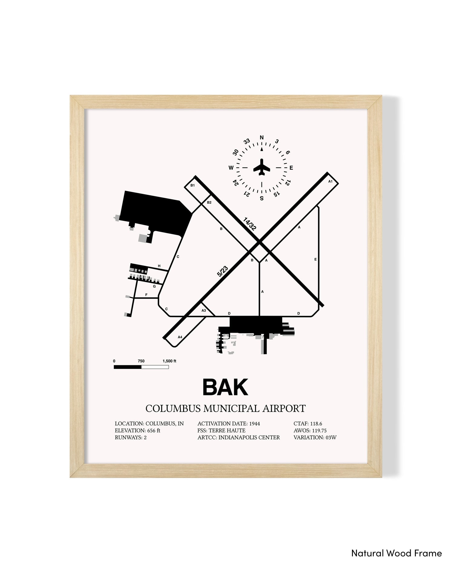 Detailed Airport Map of Columbus Municipal Airport (BAK) in White with a Natural Frame
