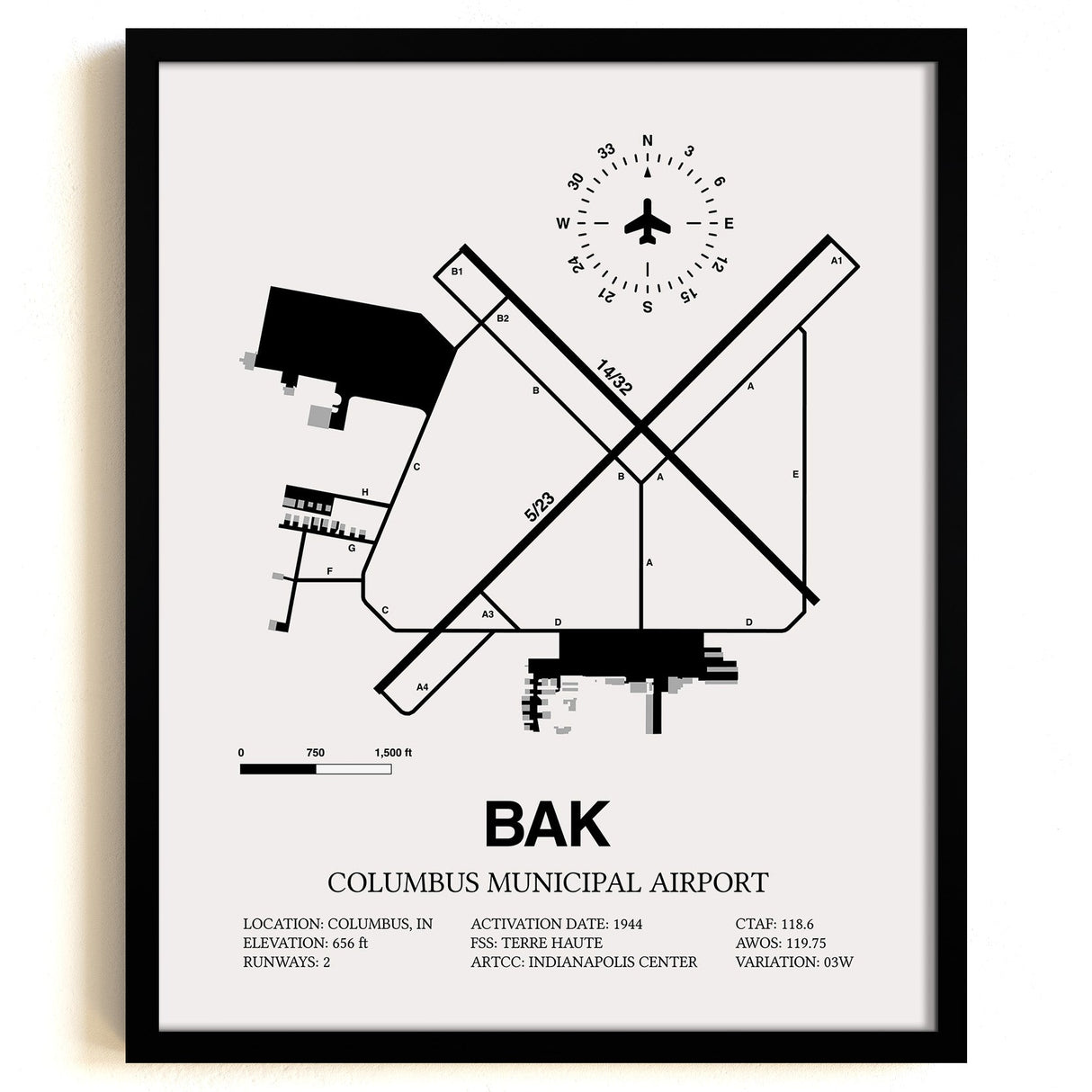Framed Detailed Airport Map of Columbus Municipal Airport (BAK) in White with a Black Frame