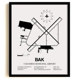 Framed Detailed Airport Map of Columbus Municipal Airport (BAK) in White with a Black Frame