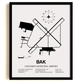 Framed Detailed Airport Map of Columbus Municipal Airport (BAK) in White with a Black Frame
