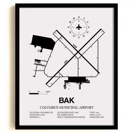 Framed Detailed Airport Map of Columbus Municipal Airport (BAK) in White with a Black Frame
