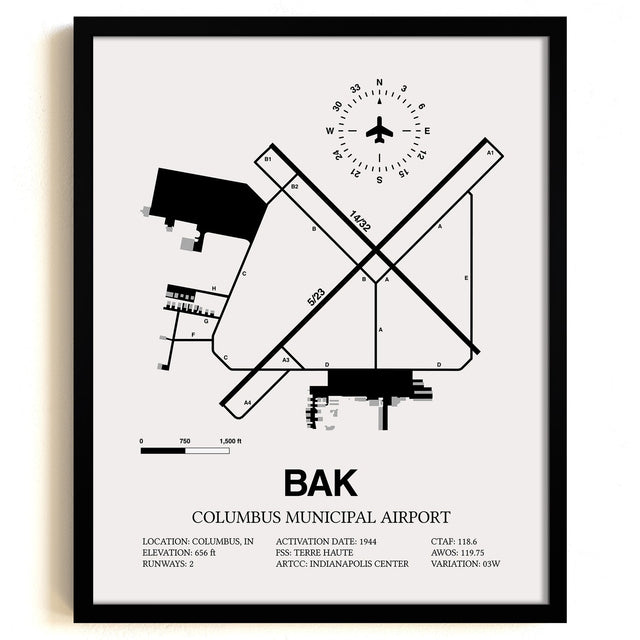 Framed Detailed Airport Map of Columbus Municipal Airport (BAK) in White with a Black Frame