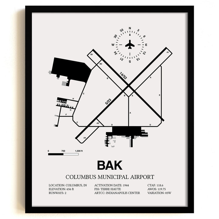 Framed Detailed Airport Map of Columbus Municipal Airport (BAK) in White with a Black Frame